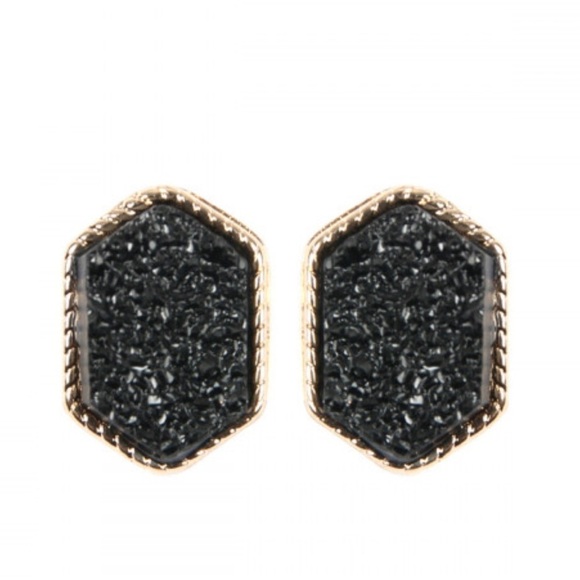 2/$15 - Gold/Black Druzy Hexagon Post Earring - Picture 1 of 7